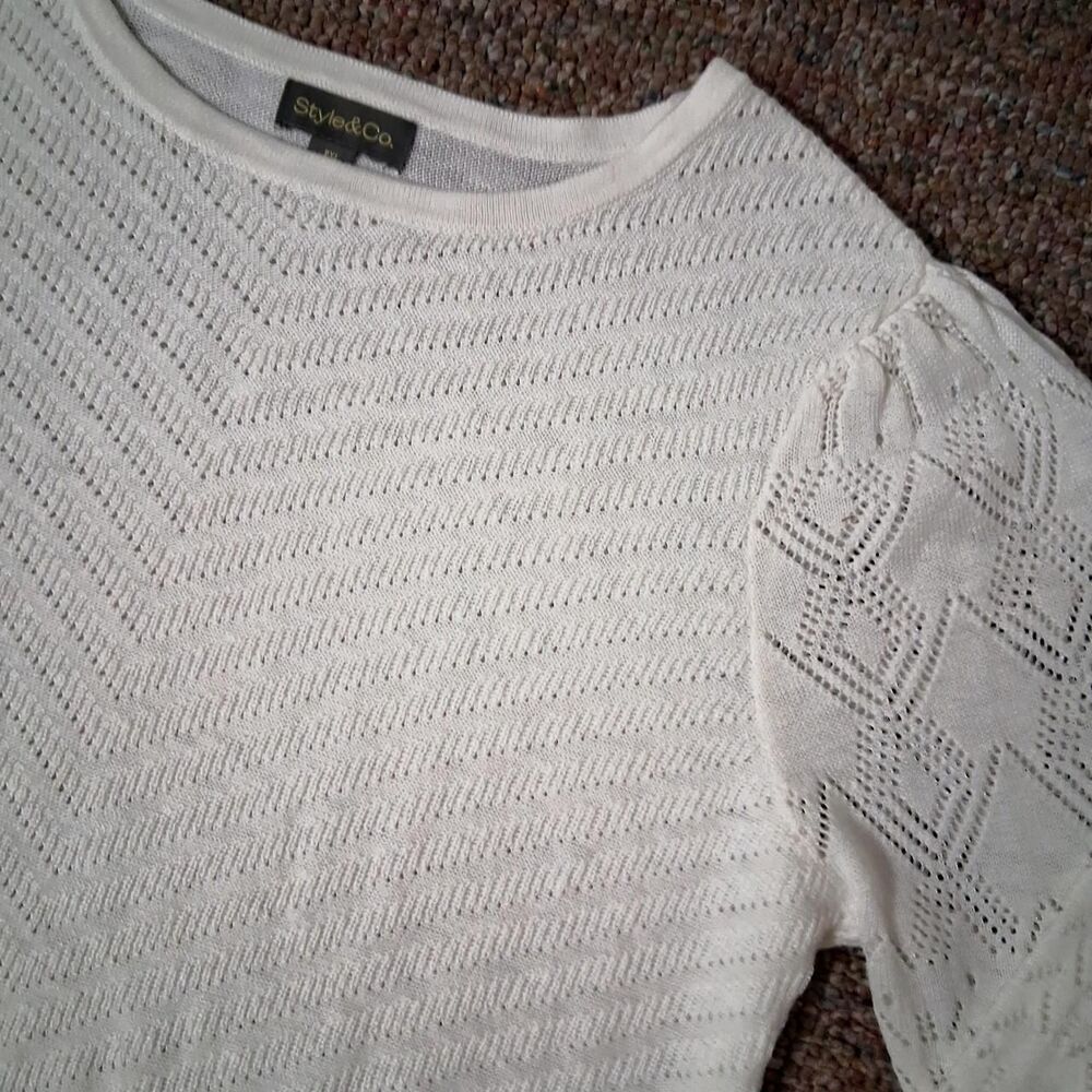 Style & Co White Pointelle Puff Sleeve Open Knit Cotton Blen Sweater PXL